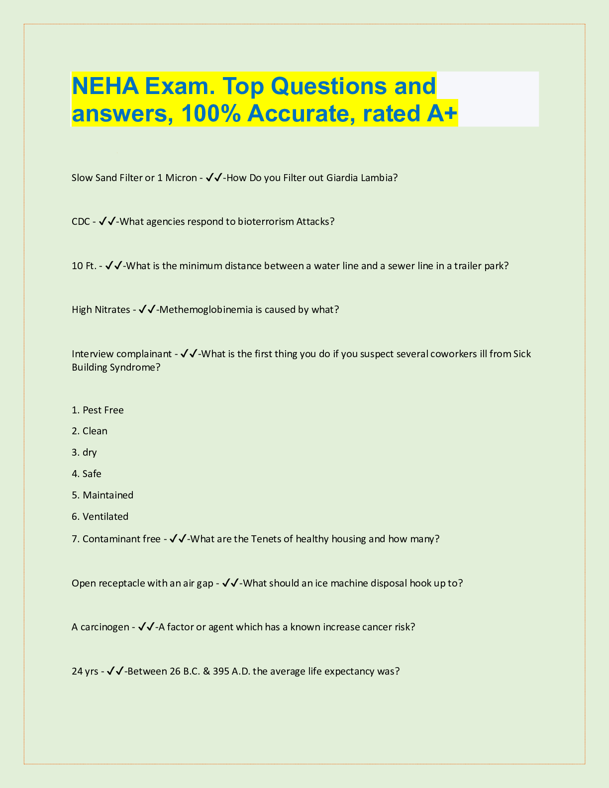 Preview image for NEHA Exam. Top Questions and answers, 100% Accurate, rated A+
